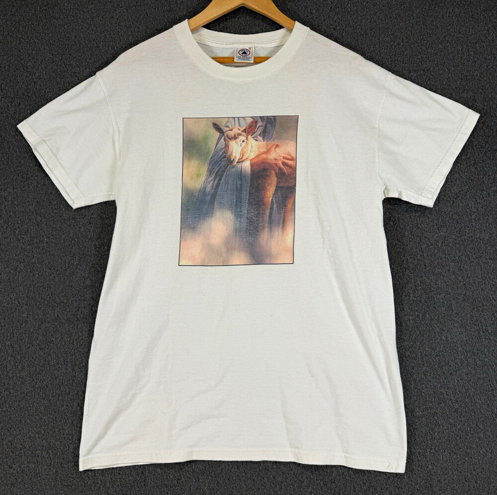 Vintage Good Shepherd Jesus Lamb T-Shirt Medium White Christian Faith Tee